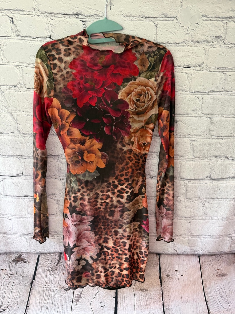 Lovely Day Floral Leopard Long Sleeve Bodycon Dress - Red & Brown
